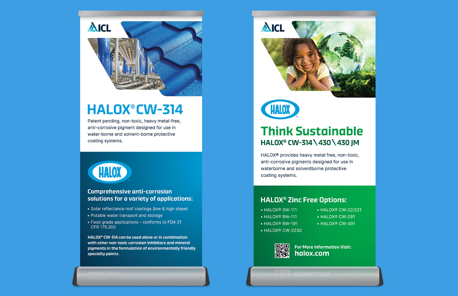 Pop-up banners highlighting key HALOX® product offerings for use in trade shows