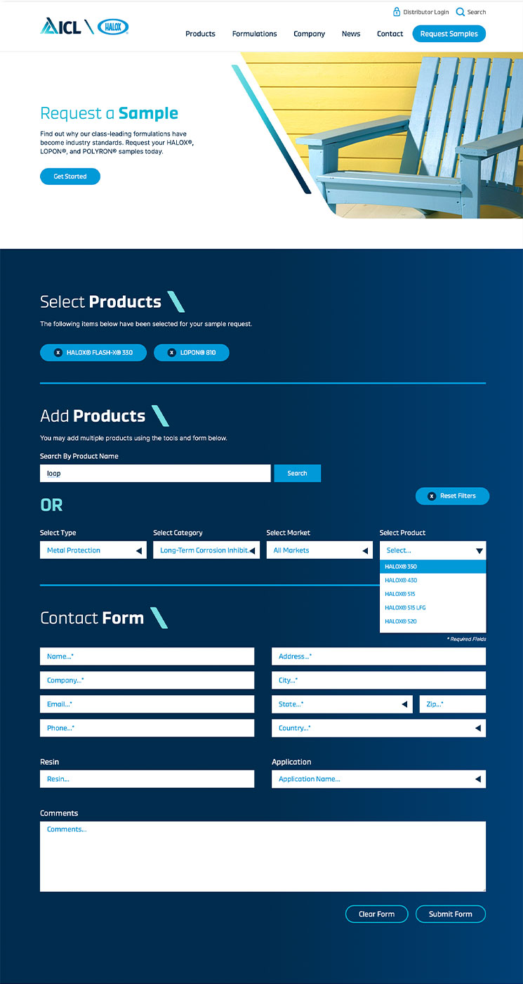 Custom built product sample request form with dynamic connections to individual products.